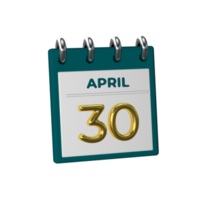 Monthly Calendar 30 April 3D Rendering png