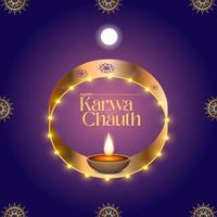 Happy karwa chauth decorative card with moon and diya vector