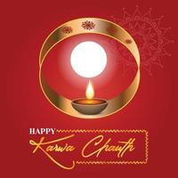 Happy karwa chauth decorative card with moon and diya vector