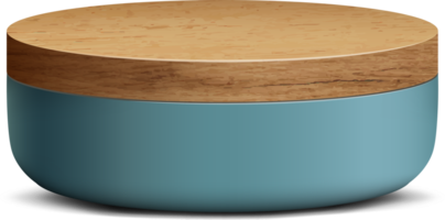 Sky blue and wood realistic 3D cylinder pedestal podium for stand show product display. png