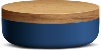 Navy blue and wood realistic 3D cylinder pedestal podium for stand show product display. png