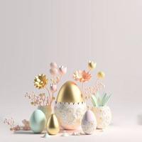 feliz fondo de pascua con huevos de pascua 3d y decoración floral foto