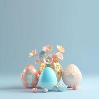 Easter Colourful Background with 3D Easter Eggs and Floral for Promotion photo