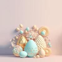 Easter Poster Background with 3D Render Easter Eggs and Floral photo