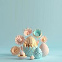 Easter Colourful Background with 3D Render Easter Eggs and Floral Decoration photo