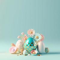 Easter Holiday Background with 3D Render Easter Eggs and Floral Ornament photo