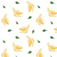 Banana pattern. Vector  pattern with peeled bananas and green leaves.