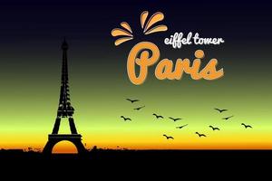 silueta de parís de la torre eiffel en la vista del atardecer con bandadas de pájaros. la ilustración del póster se puede utilizar para el fondo, la publicación en las redes sociales, la plantilla vector