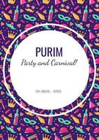 Purim carnival and party announcement, vector banner, invitation, greeting, advertise of party, with seamless pattern on the background.