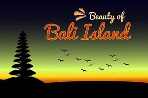 Beauty of Bali Island silhouette in sunset view with flocks of birds. Poster illustration can used for background, social media post, template vector