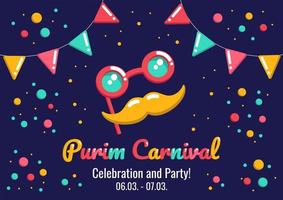 Purim holiday carnival announcement with funny mask with glasses and moustache, flags and confetti on a dark background, greeting, invitation for a jewish holiday. vector