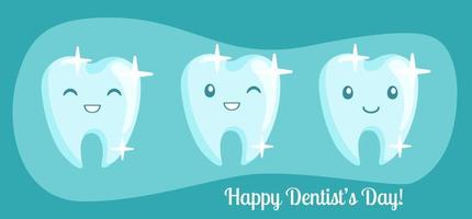 Afiche del día internacional del dentista, tarjeta de felicitación e invitación con tres dientes, personajes con emociones, sonriendo y parpadeando. ilustración vectorial para las vacaciones profesionales del día del dentista. vector