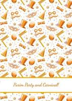 White Purim carnival seamless pattern with Purim holiday symbols, hats, clown's mask, carnival mask, hats, balloons and confetti. Pattern for wrapping paper, gifts, prints, backgrounds. vector