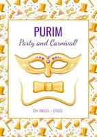 Purim golden poster with mask and bow tie, vector banner, advertising, announcement of an event, holiday invitation with golden seamless pattern.