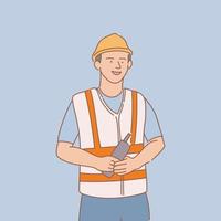 engineer hold phone with smile with outline or line and clean simple style vector