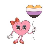 Trendy retro cartoon heart character. Groovy style, vintage, 70s 60s aesthetics. Valentines day, non binary flag vector