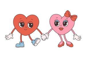 Trendy retro cartoon heart characters. Groovy style, vintage, 70s 60s aesthetics. Happy Valentines day. vector