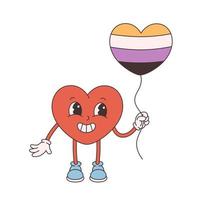 Trendy retro cartoon heart character. Groovy style, vintage, 70s 60s aesthetics. Valentines day, non binary flag. vector