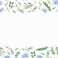 marco floral de primavera acuarela flores azules y hojas verdes borde sin costuras para decoración vector