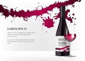 Wine bottle with label on white background. Black bottle. Realistic 3d wine glass with red liquid. Product mock up banner for branding. Grunge watercolor background stage. Vector illustration.