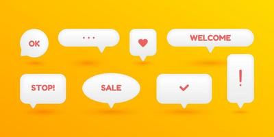 Set of 3D speak bubble text, chatting box, message box realistic vector illustration design. Balloon 3D style of thinking sign symbol. On the yellow background. Symbol of heart, sale, stop, welcome.