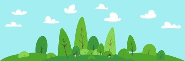 Vector illustration of beautiful summer landscape forest, mushrooms, trees, bushes, green hill, blue sky bright color, clouds, woods background in flat banner cartoon style. Nature in Children style.