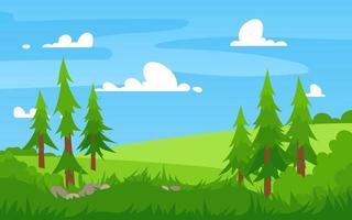 ilustración vectorial de hermosos campos de paisajes de verano, flores, hierba alta, pinos, colinas verdes, abeto, cielo azul, fondo de bosque de nubes en estilo de dibujos animados de banner plano. temporada de primavera. vector