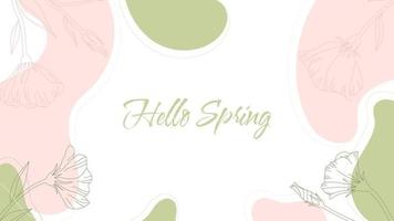 Hello Spring. Trendy abstract background with fluid shapes and floral element in pastel green colors. Modern line wave for presentation, wrapper, poster, blog, wallpaper, wedding. Vector illustration.