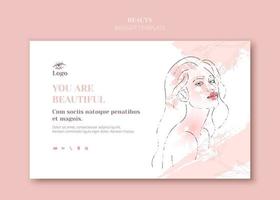 Female face in trendy art style. Line art in an elegant style with watercolor paint banner template. Beautiful woman face contour grunge brush vector illustration. Skin care make up. Flowers design.