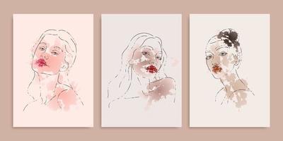 Elegant line art sketches of a female abstract face. Drawing of a woman face in a minimalist one line style. Fashion Watercolor  illustration for cosmetics. Trendy minimal print. Beauty logo contour. vector