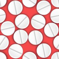 Realistic pills. Aspirin, paracetamol painkiller tablets. Vitamin complex, remedy, medical  healthcare concept. Round white pills seamless pattern on red background for pharmacy. vector