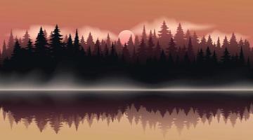 textura de fondo de bosque oscuro vectorial, silueta de bosque de coníferas, vector. árboles de temporada junto al lago, reflejo en el agua picea, abeto. paisaje otoñal horizontal. noche de verano con puesta de sol. vector