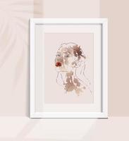 Female face in trendy art style. Line art elegant style of watercolor paint picture template. Beautiful woman face contour grunge brush vector illustration. Frame mock up on the wall with plant shadow