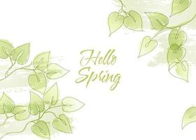 Vector watercolor illustration. Green leaves. Grunge paint texture. Hello spring. Floral leaf design elements. Ideal for wedding invitations, greeting cards, blogs, logos, prints and more. Line art.