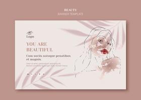 Female face in trendy art style. Line art in an elegant style with watercolor paint banner template. Beautiful woman face contour grunge brush vector illustration. Skin care make up. Leaves shadow.