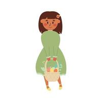 linda niñita con un vestido verde con una canasta de huevos de pascua aislados en un fondo blanco. ilustración plana de un niño cazando huevos. vector