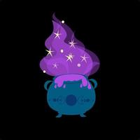 Witch cauldron. Vector magic pot with a purple potion.