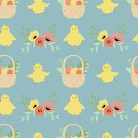 Seamless Easter pattern with chickens and flowers. vector