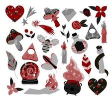 Witchcraft set. Hand drawn gothic mystery collection. Magic objects in red-black-gray colors isolated on white background . vector