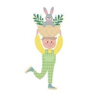 Boy is playing with rabbit. A cute bunny in  basket. Vector flat easter spring illustration with a child and an animal.