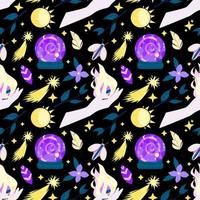 Seamless vector pattern with magical elements on a black background.