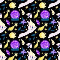 Seamless vector pattern with magical elements on a black background.