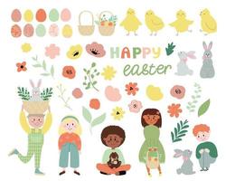 feliz juego de vectores de pascua. colección de personajes lindos y decoración de primavera aislada en un fondo blanco. niños niños y niñas celebran la pascua.