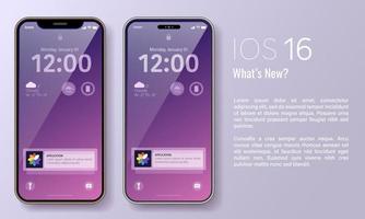 Odesa, Ukraine, January 25, 2023. High quality vector two smartphone mockup screens with new iOS 16 system installed, banner with advertising text.