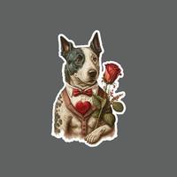 Sticker of vintage dog holding rose valentines day vector