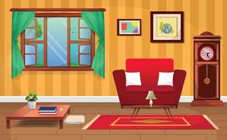 Vector living room interior with big windows, sofa, armchair with old style pendulum clock.