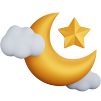 Croissant de lune et étoile de rendu 3d avec quelques nuages isolés png