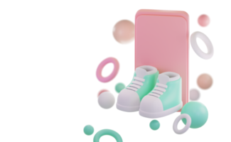 Smartphone with sneaker on pastel pink background. 3d rendering . png