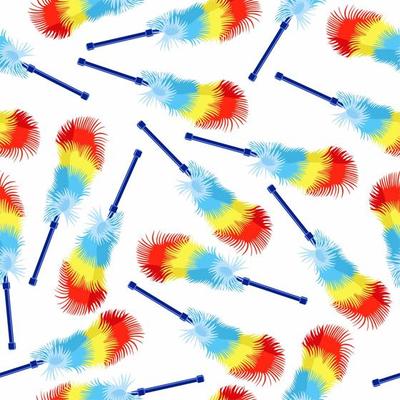 Fluffy dust colorful brushes with handle seamless pattern. Vector illustration. House cleaning rainbow tool in cartoon style, isolated on white. Wrapping paper, print, textile, fabric.