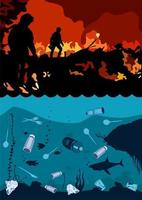 Underwater life template. Ocean bottom with seaweeds. Marine scene. Stop plastic pollution. Fireman's fight with fire in forest, man extinguish burning wildfire at night wood with raging flames. vector